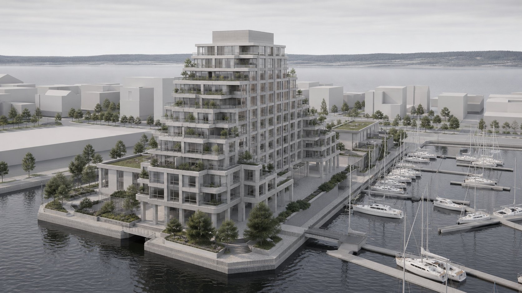 Neutral base render of a terraced residential tower above a marina