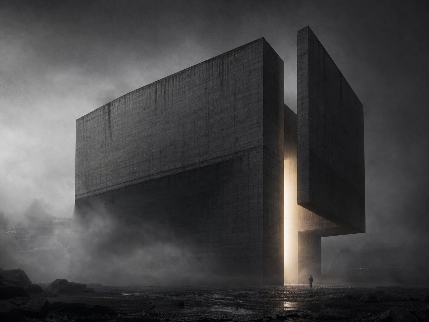 Concept study — concrete monolith with a single warm slit of light