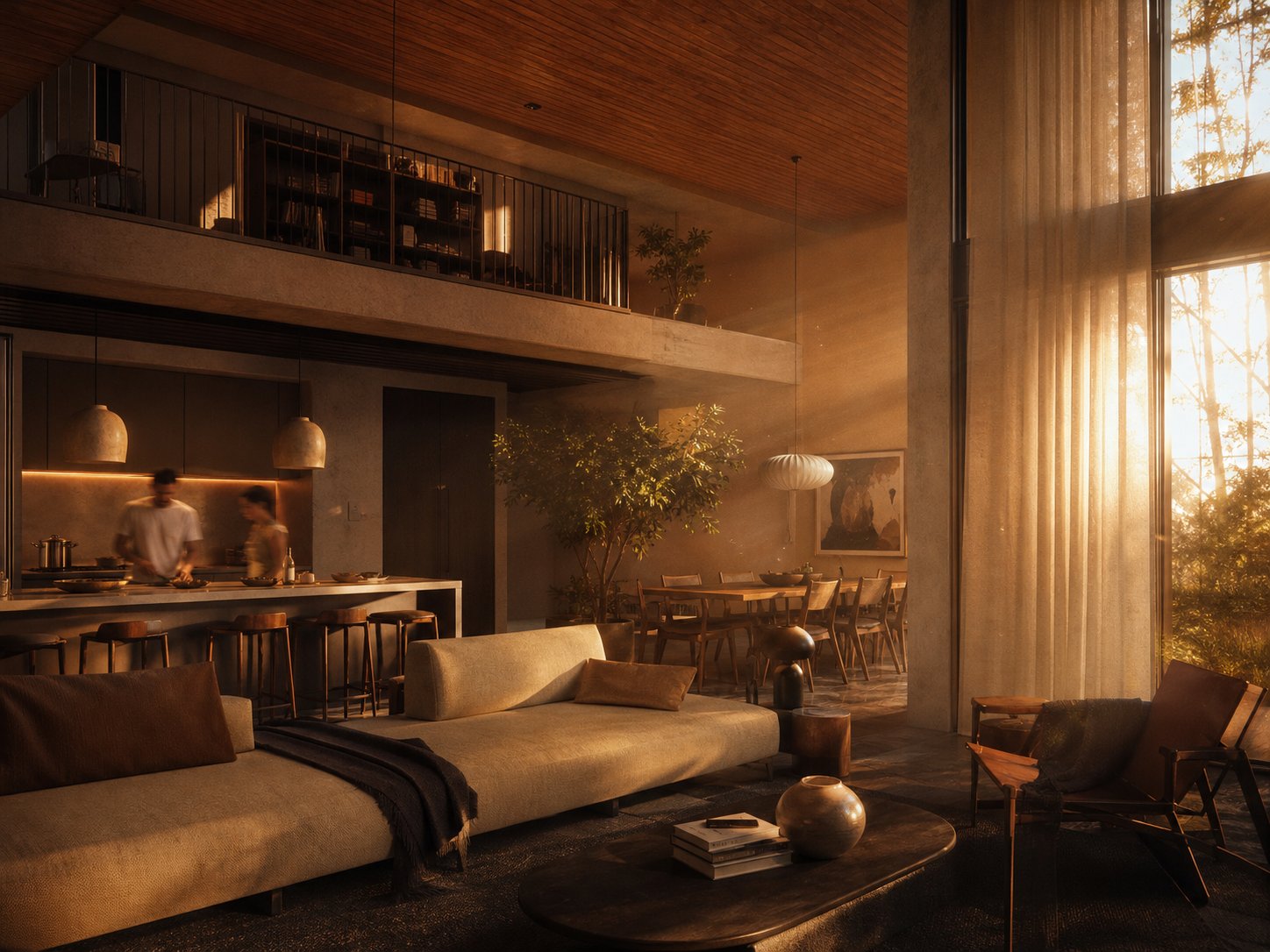 Concept study — golden hour inside a double-height lived-in interior