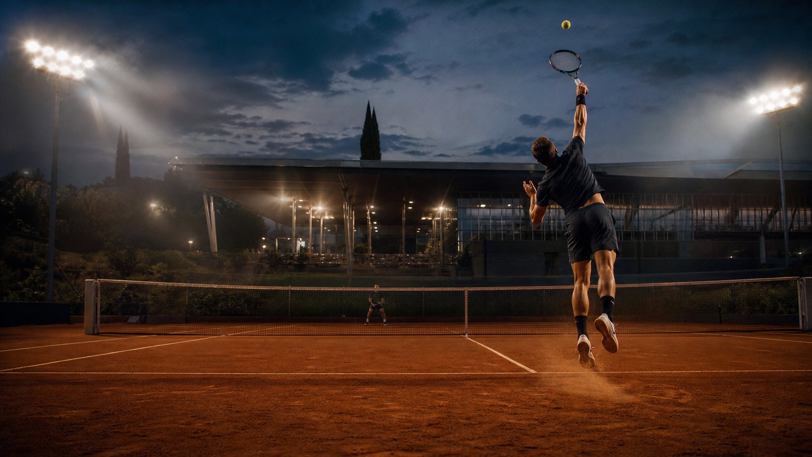 Athlete serving under stadium lights at Alto Tennis Club