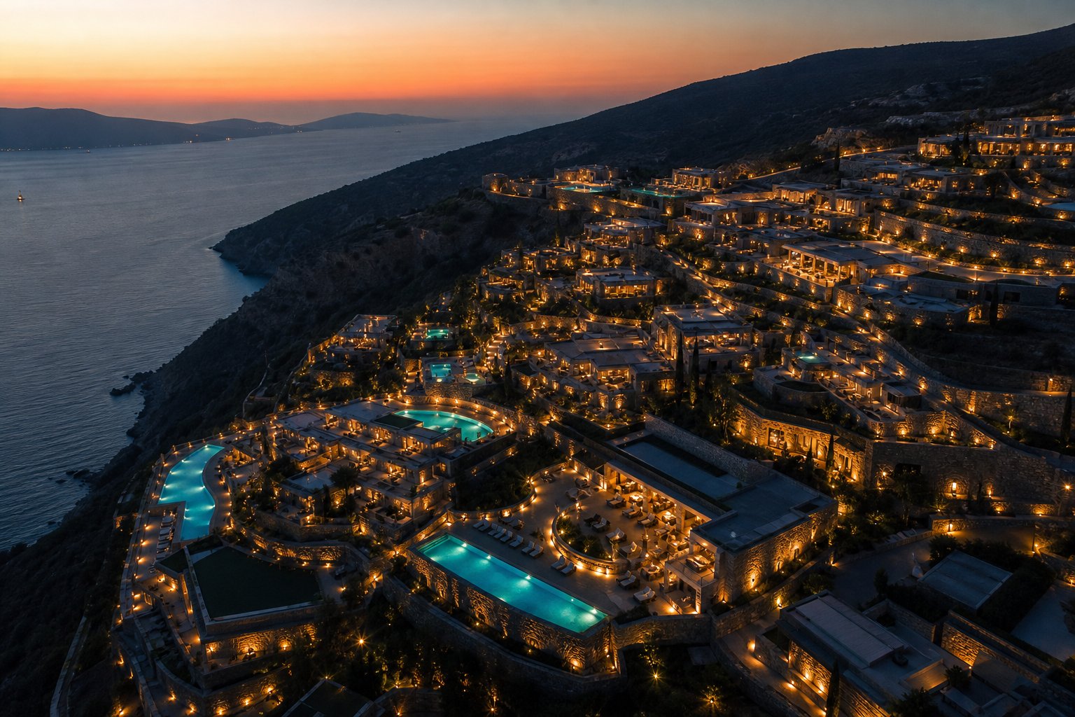 Aerial dusk view of terraced pools cascading toward the sea at Duna Terraces