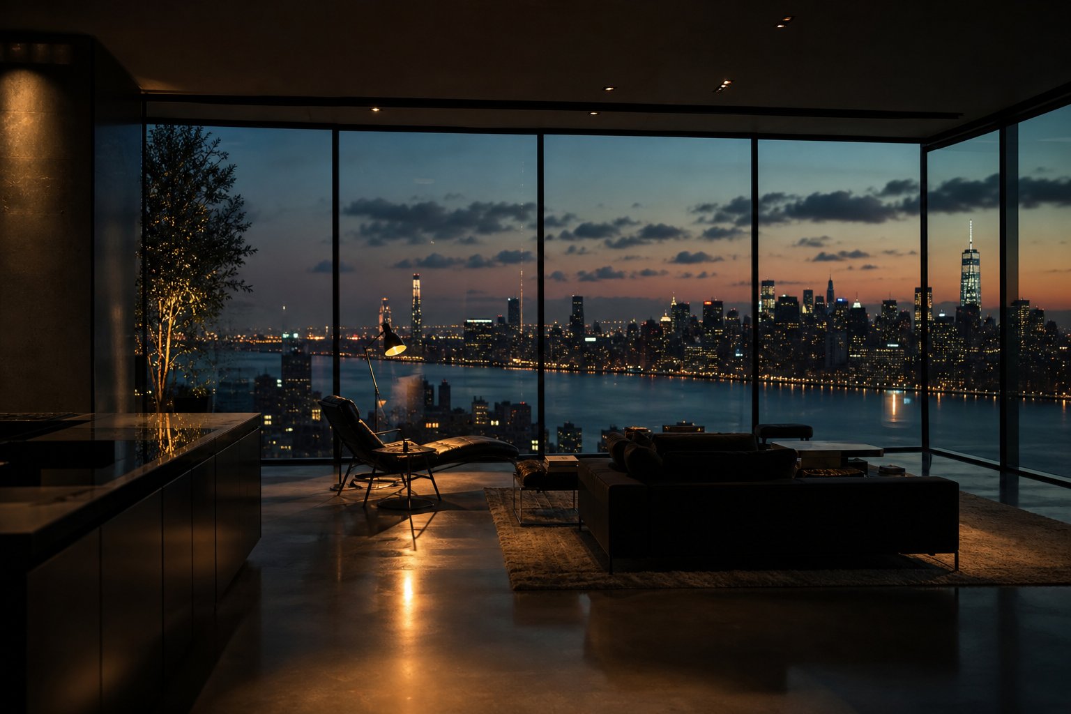 Glass living room opening onto the city and water at Lumen Quay