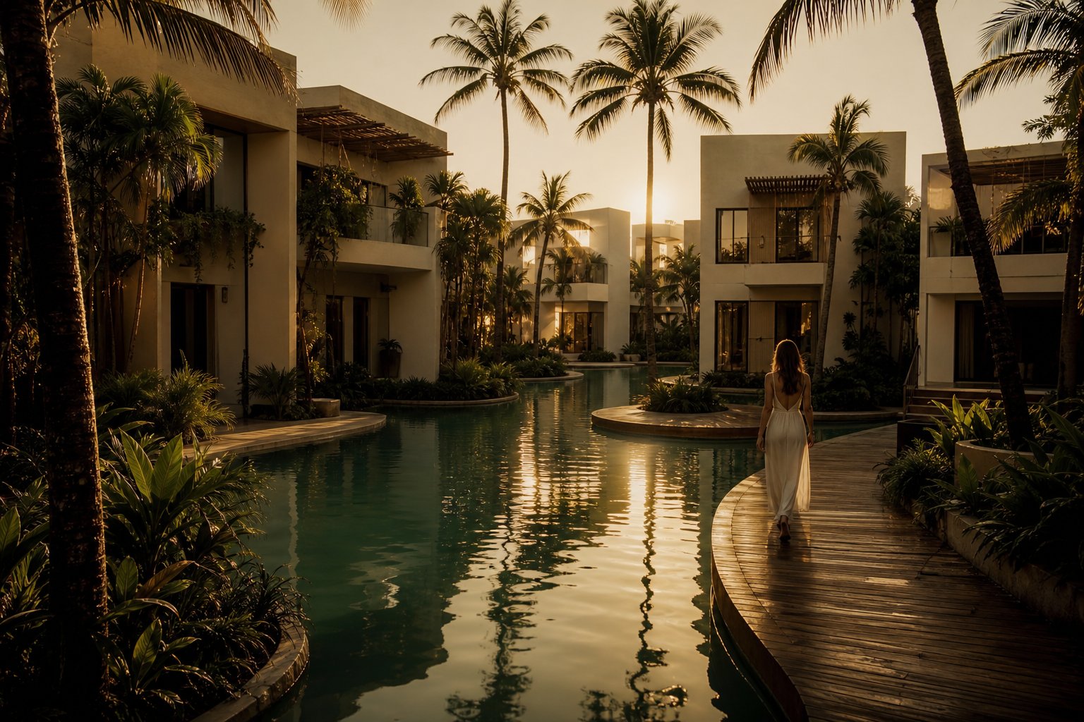 Lagoon pool weaving between white villas at Solmare