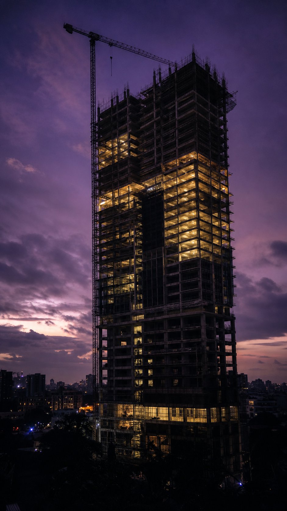 Aurea tower core at dusk, floors climbing week by week