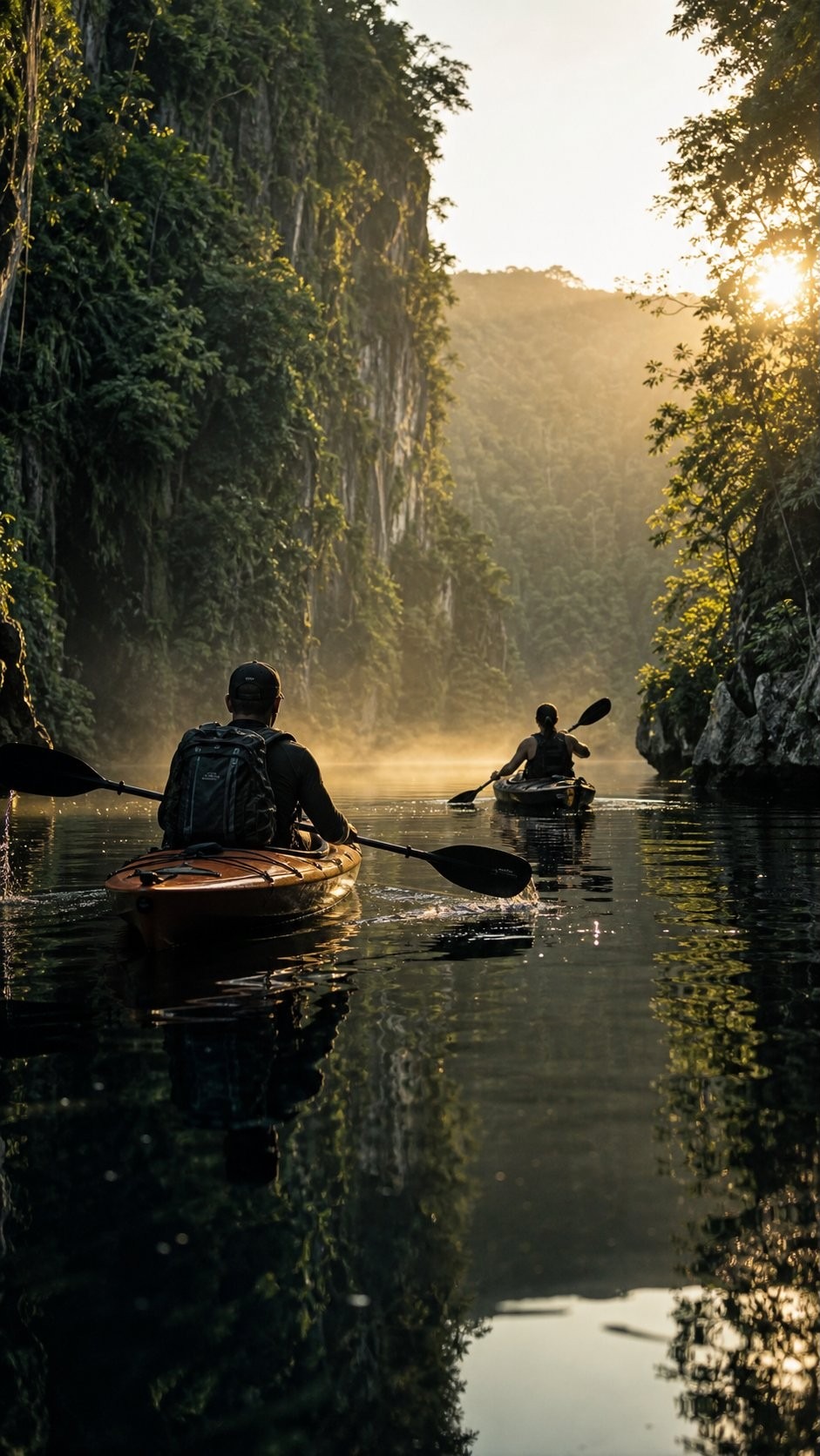 Kayaks crossing a glassy lagoon at Ilha Clara