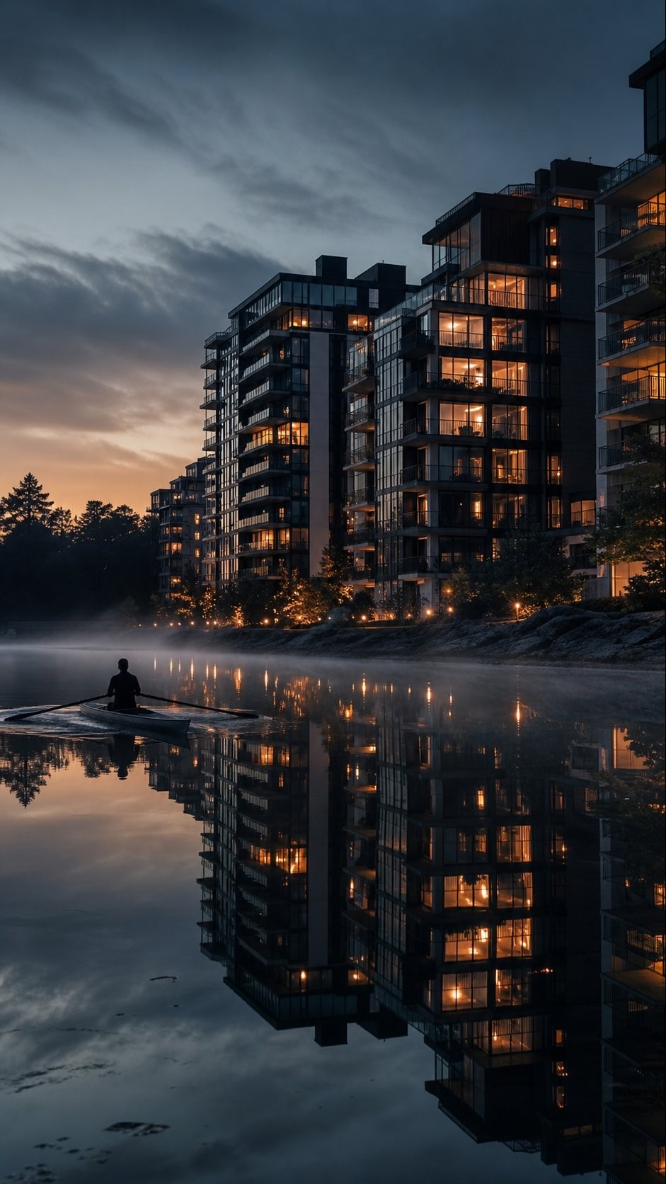Waterfront residences reflected in still water at Verano Bay