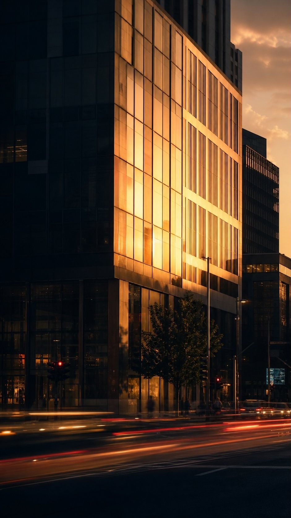 Façade of Vetra 12 catching warm evening light