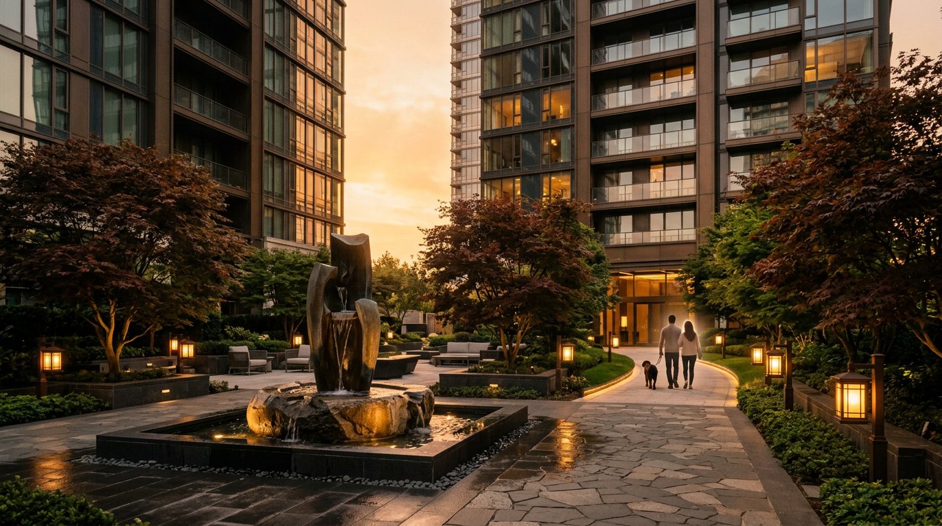 The private courtyard of Aurelia House at golden hour