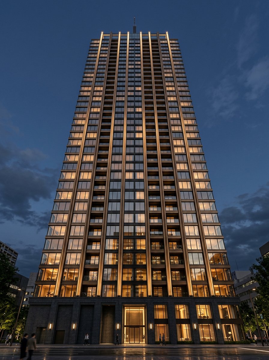 Facade detail: panoramic glazing and evening architectural lighting