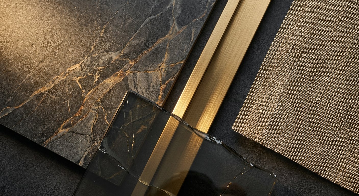 Close study of the finishing materials: stone, brass, glass, crystal