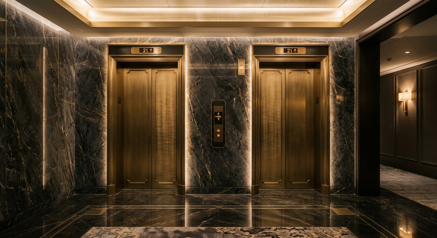 The brass-lined lift hall