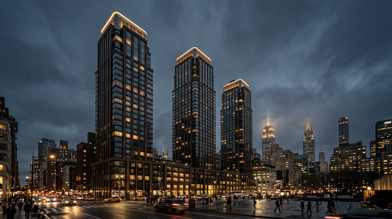 Three Aurelia House towers at dusk, windows glowing warm gold
