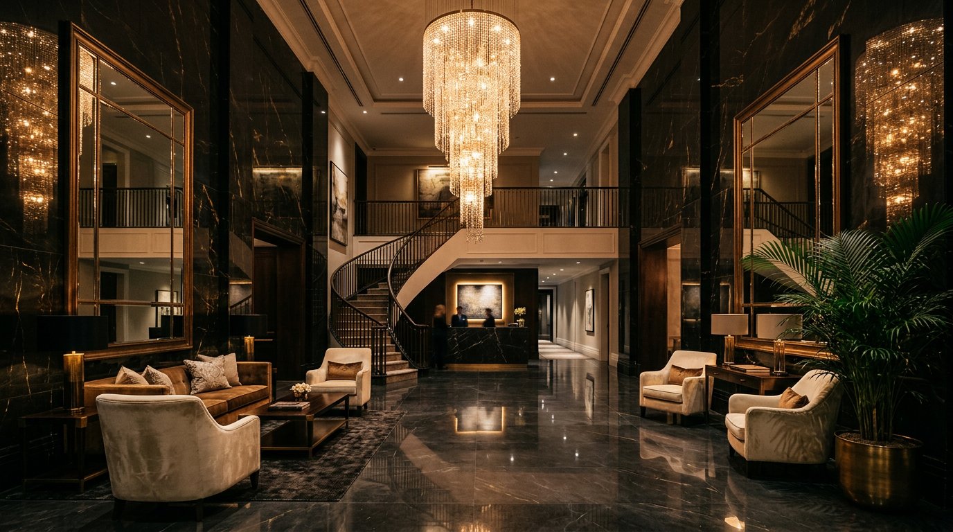 Grand lobby with crystal waterfall chandelier