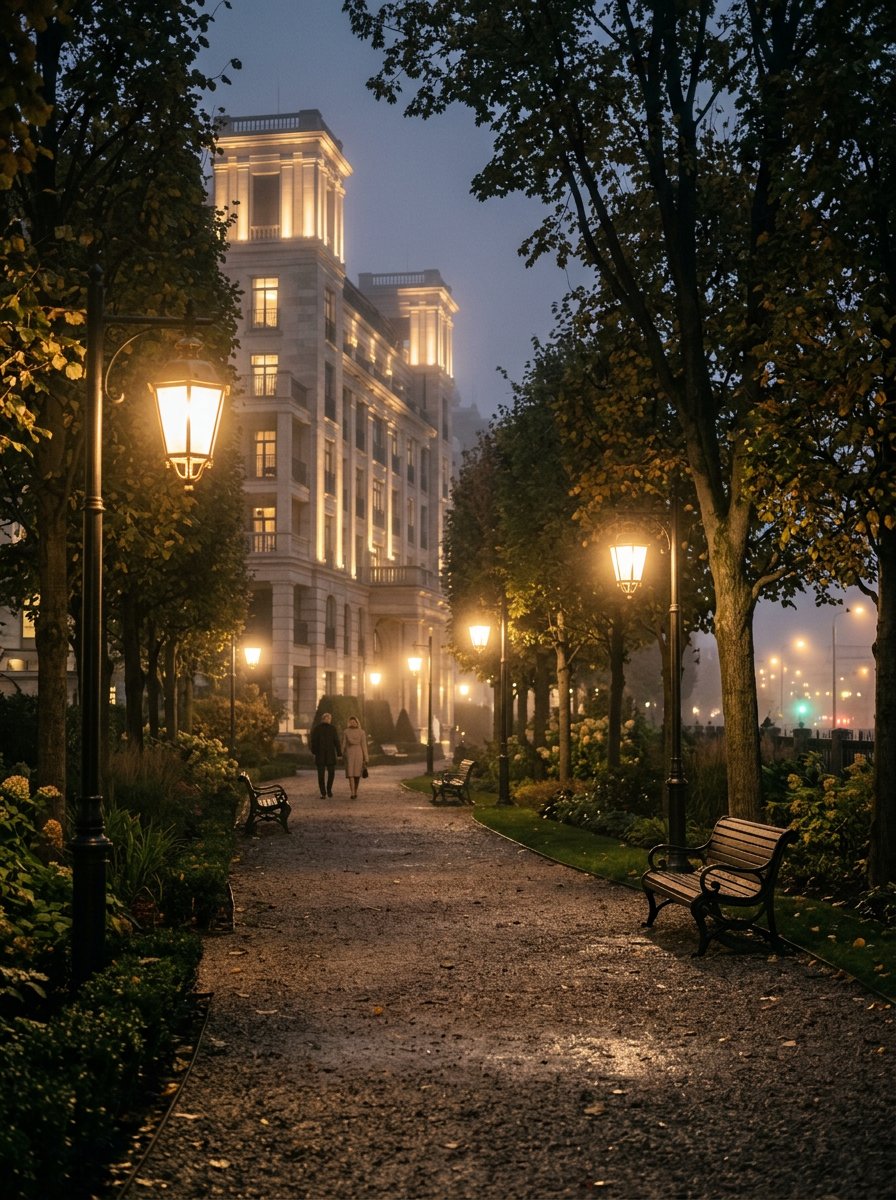 Lantern-lit walking park in the evening