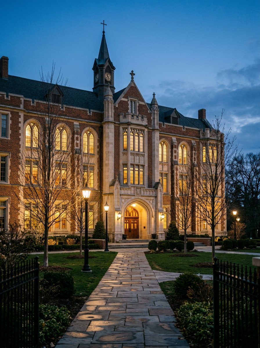 The Lyceum school building at dusk