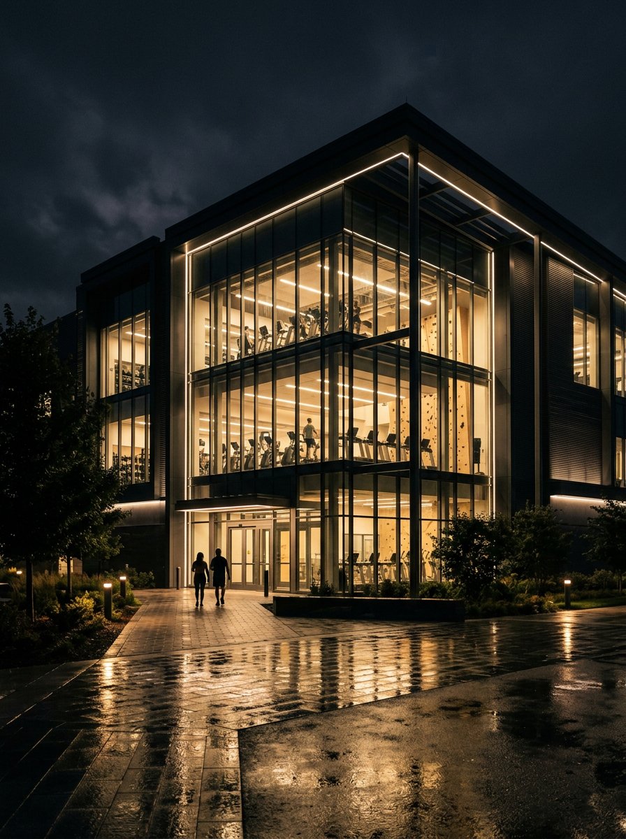 Sports club with glowing glass facade