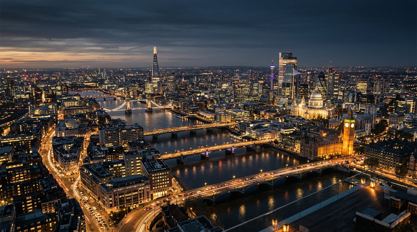 The capital's skyline and river seen from the upper floors
