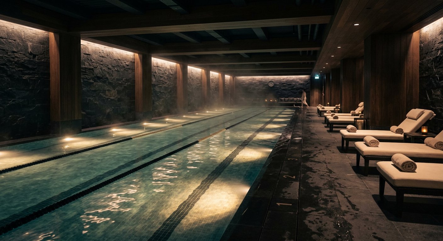 The 25-metre pool in low evening light