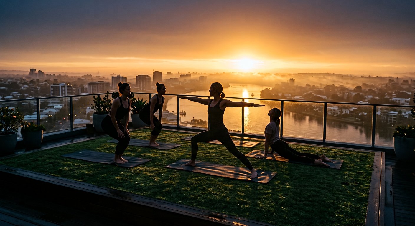 Open-air yoga on the terrace lawn at sunrise