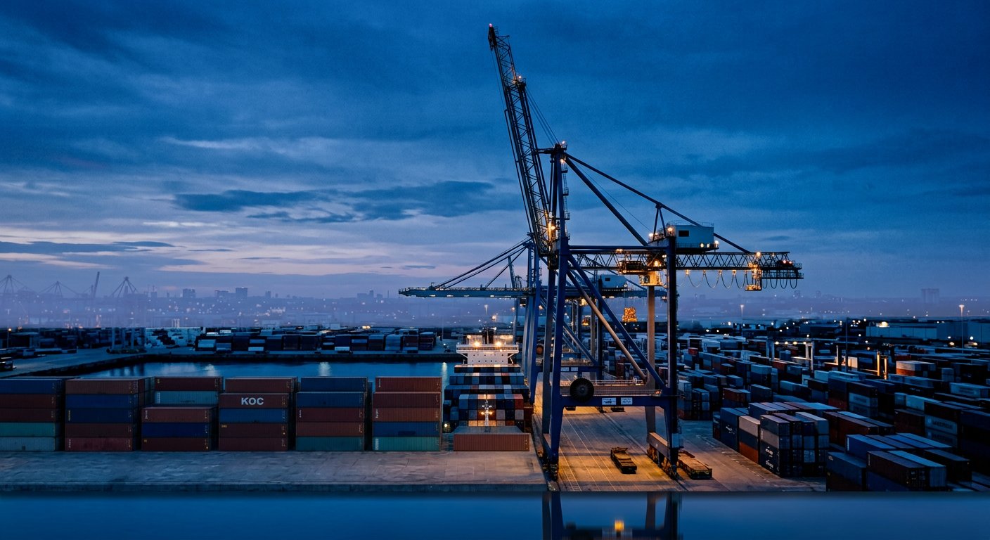 Container port crane at dusk