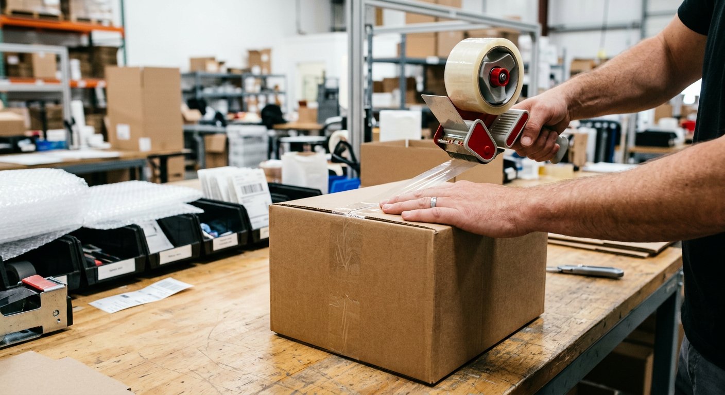 Hands taping a parcel at a packing station