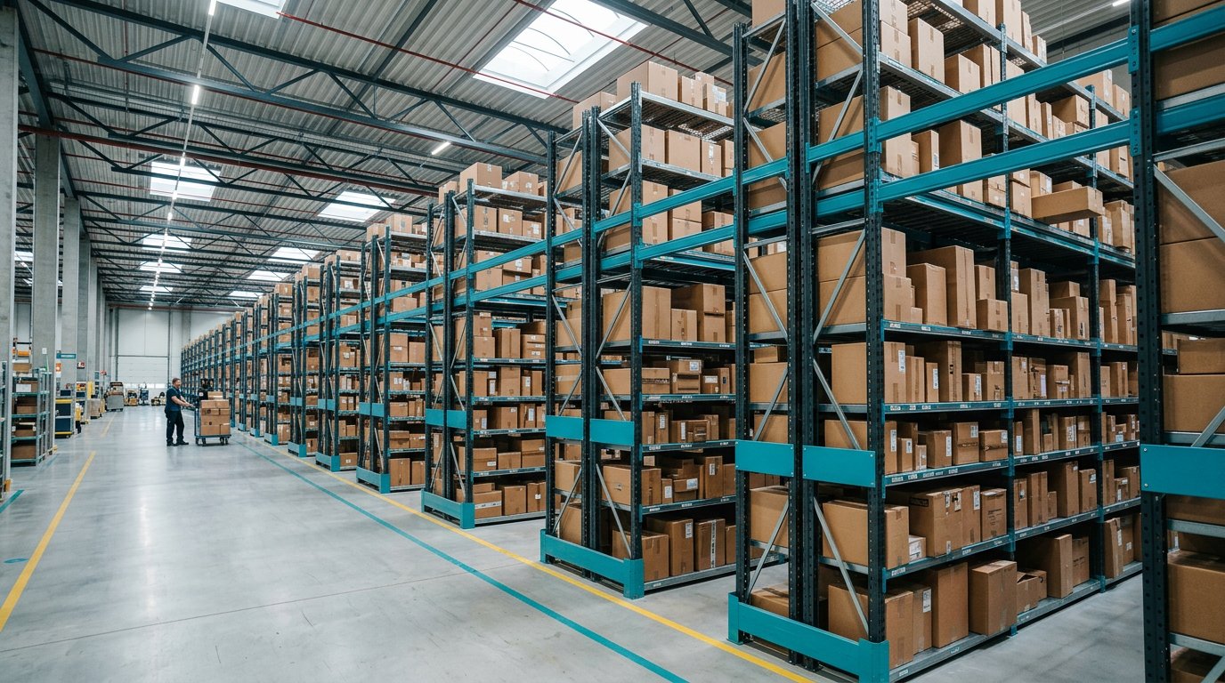 Fulfillment warehouse aisle lined with parcels