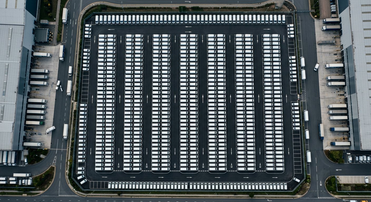 Delivery fleet parked in rows at a fulfillment hub