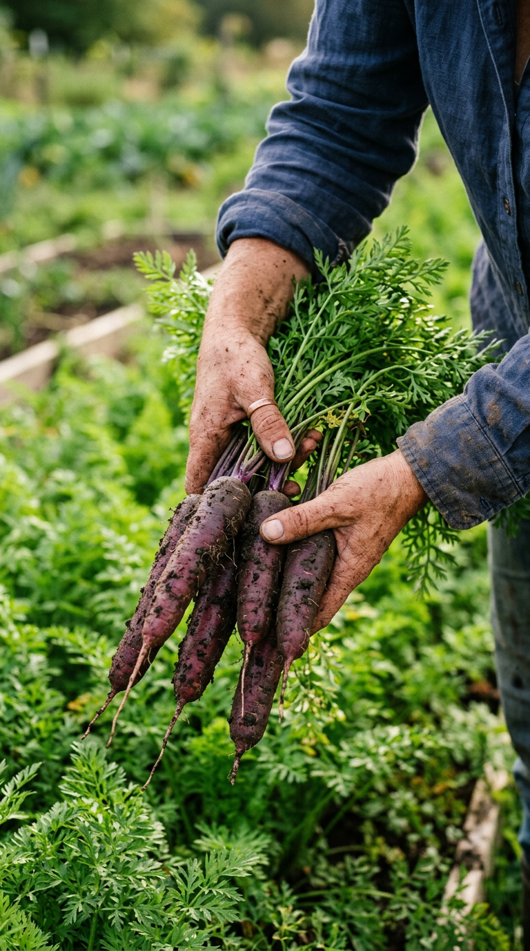 Hands holding freshly harvested purple carrots